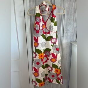 Boden Bold Floral Halter Midi Dress in White, Pink, Green, Orange